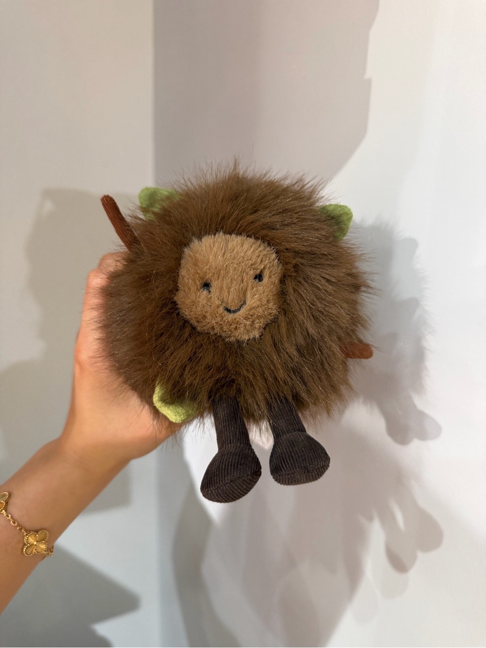 Jellycat Brown Fuzzy Pom Plush with Green Ears